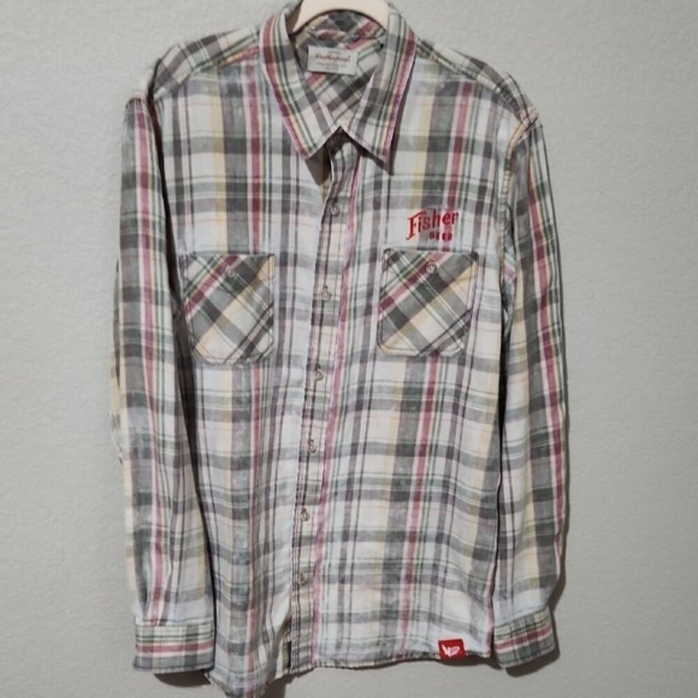 Weatherproof Shirt Mens Large Vintage Fisher Beer Plaid Button Up